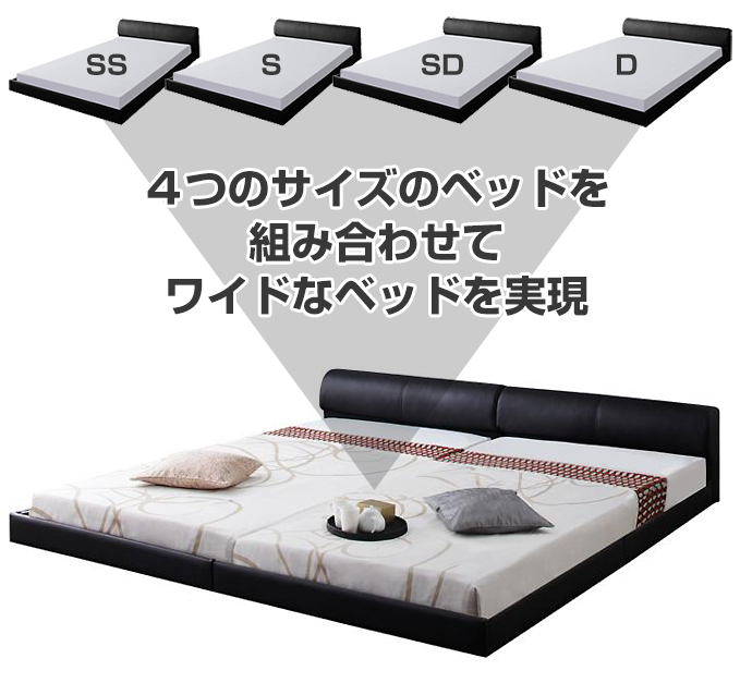４つのサイズのベッドを組み合わせてワイドなベッドを実現
